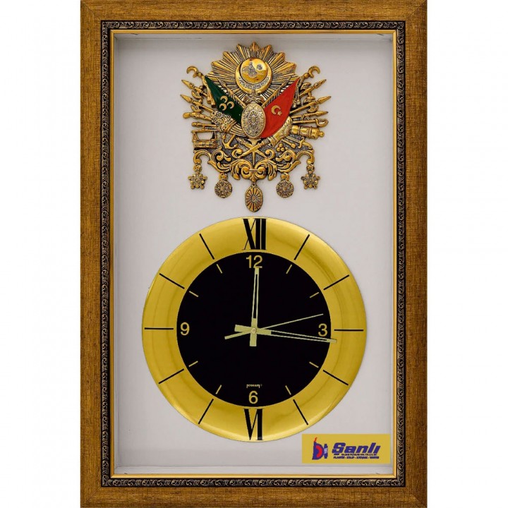 Osmanlı Tuğralı Saatli Duvar Tablosu Altın Çerçeveli 41.5x65 cm